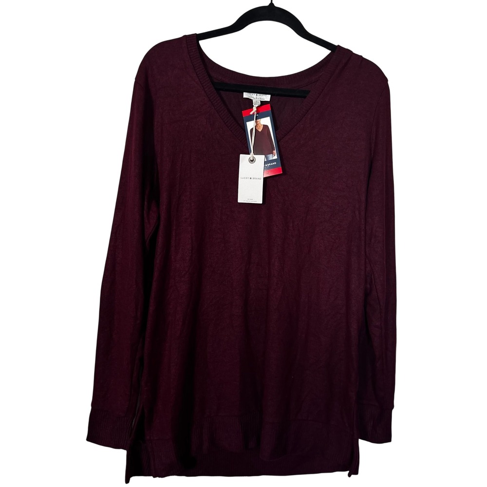 Lucky Brand Women's Medium NWT Burgundy V-Neck Long Sleeve Tunic Sweater Top